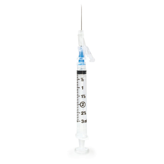 Safety Hypodermic Syringe with Needle McKesson Prevent SG 3 mL 1 Inch 23 Gauge Sliding Safety Needle Thin Wall