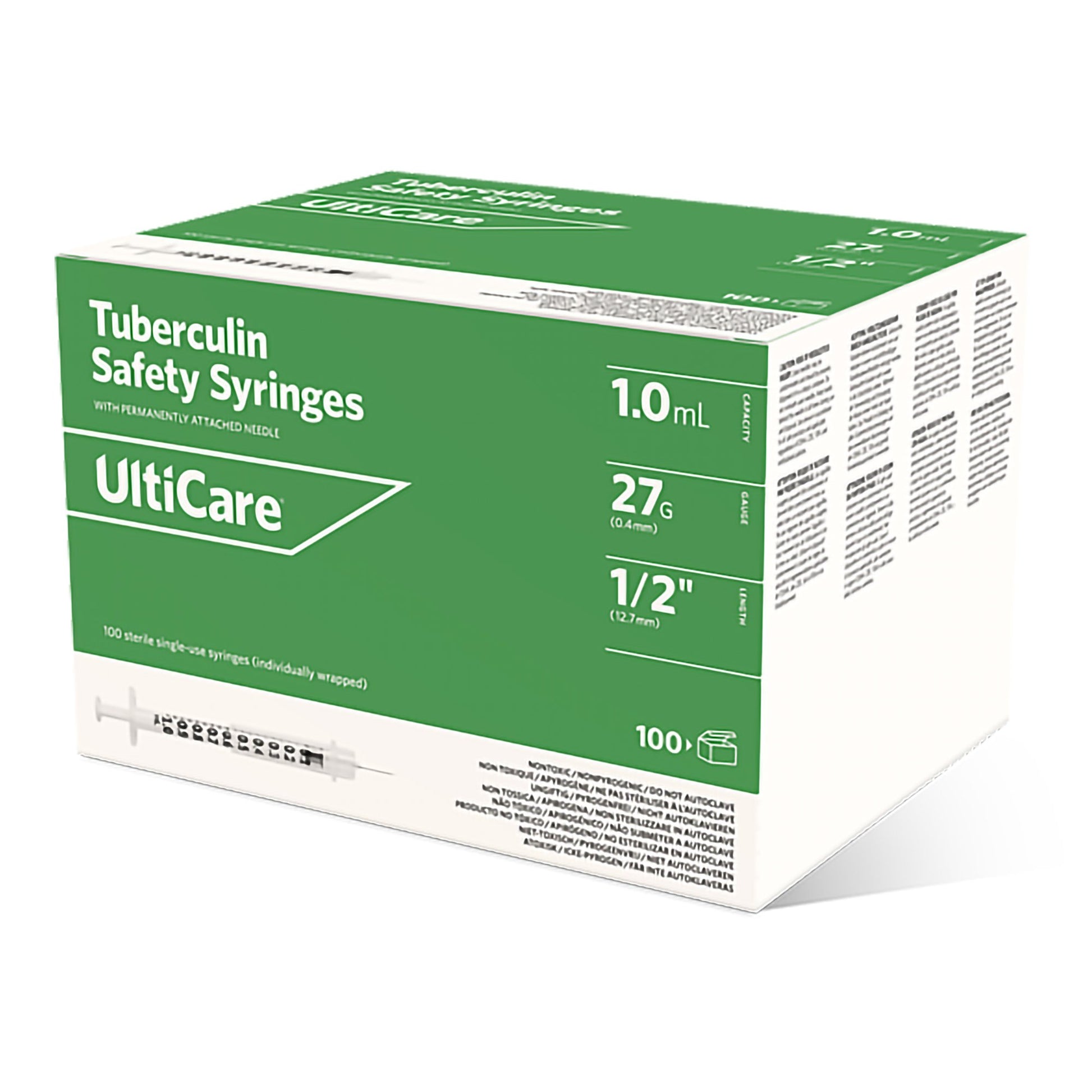 Safety Tuberculin Syringe with Needle UltiCare 1 mL 1/2 Inch 27 Gauge Sliding Safety Needle Regular Wall