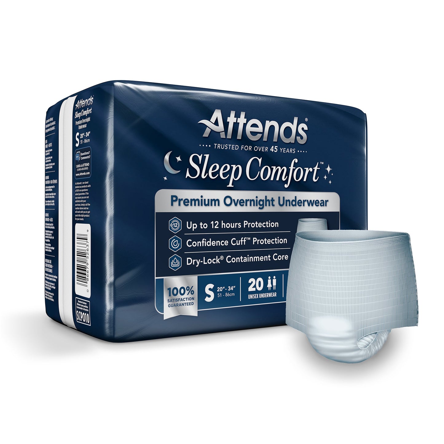 Attends Sleep Comfort Premium Overnight Underwear, Small, 20 – 34 Inches