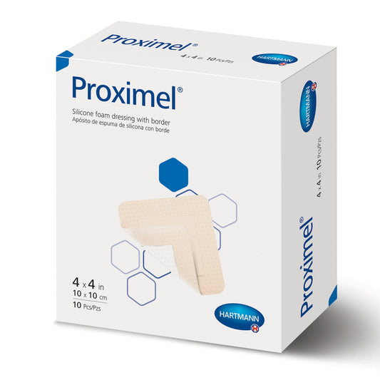 Foam Dressing Proximel 4 X 4 Inch With Border Waterproof Film Backing Silicone Adhesive Square Sterile