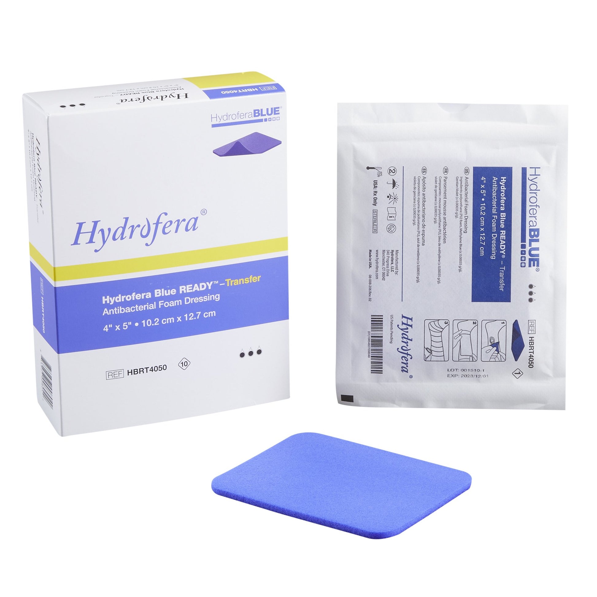 Antibacterial Foam Dressing Hydrofera BLUE READY-Transfer 4 X 5 Inch Without Border Without Film Backing Nonadhesive Rectangle Sterile