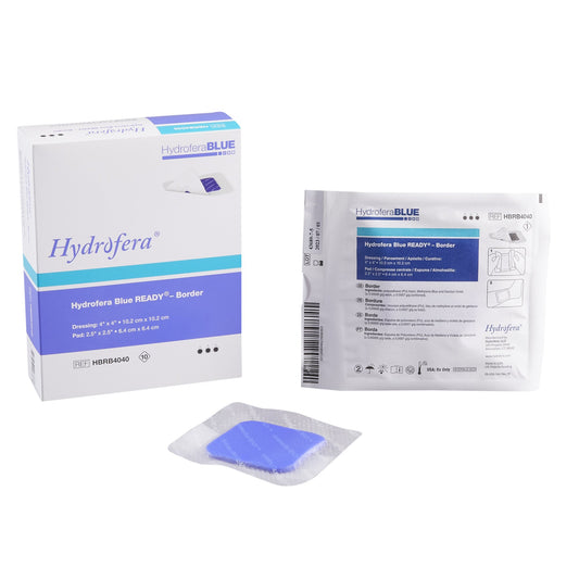 Antibacterial Foam Dressing Hydrofera BLUE READY-Border™ 4 X 4 Inch With Border Waterproof Film Backing Silicone Adhesive Square Sterile
