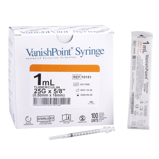 VanishPoint 1 mL Tuberculin Syringe w/ Needle, 25 Gauge, 5/8 Inch Needle Length