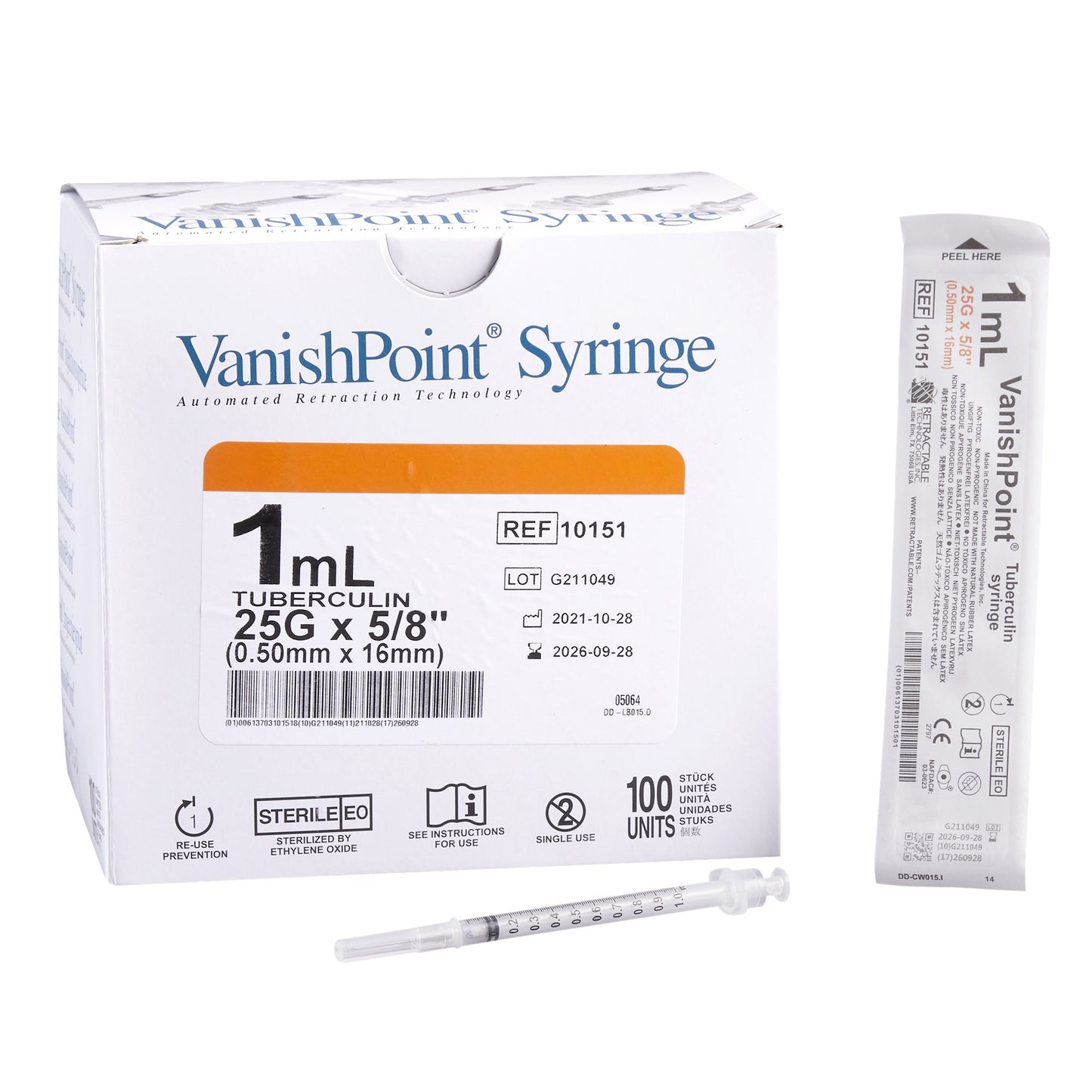 VanishPoint 1 mL Tuberculin Syringe w/ Needle, 25 Gauge, 5/8 Inch Needle Length