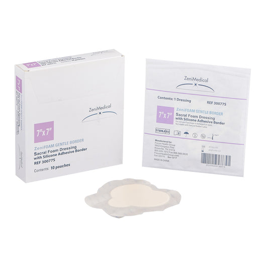 Foam Dressing Zenifoam Gentle Border 7 X 7 Inch With Border Waterproof Backing Silicone Face and Border Sacral Sterile