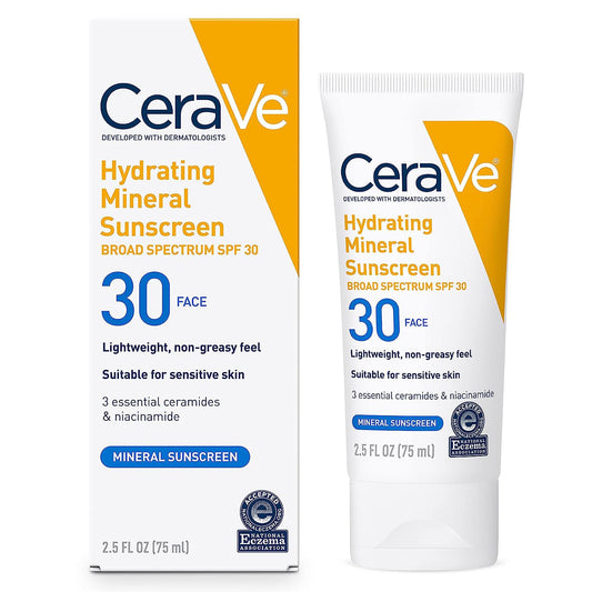 CeraVe Hydrating Mineral Sunscreen for Face, SPF 50, 2.5-ounce Tube