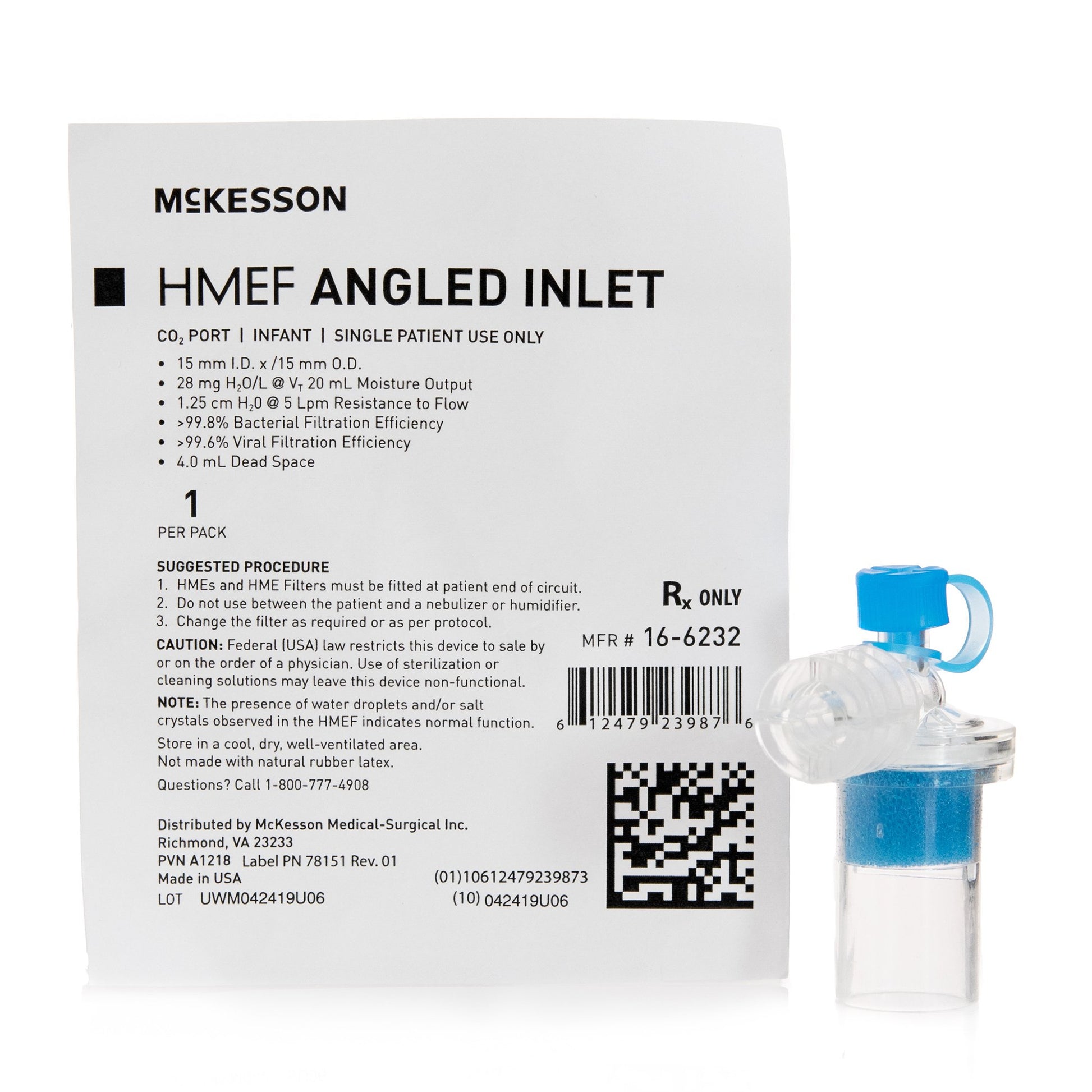 Heat and Moisture Exchanger with Filter McKesson 28 mg H₂O/L @ VT 20 mL 1.25 cm H₂O @ 5 LPM Angled