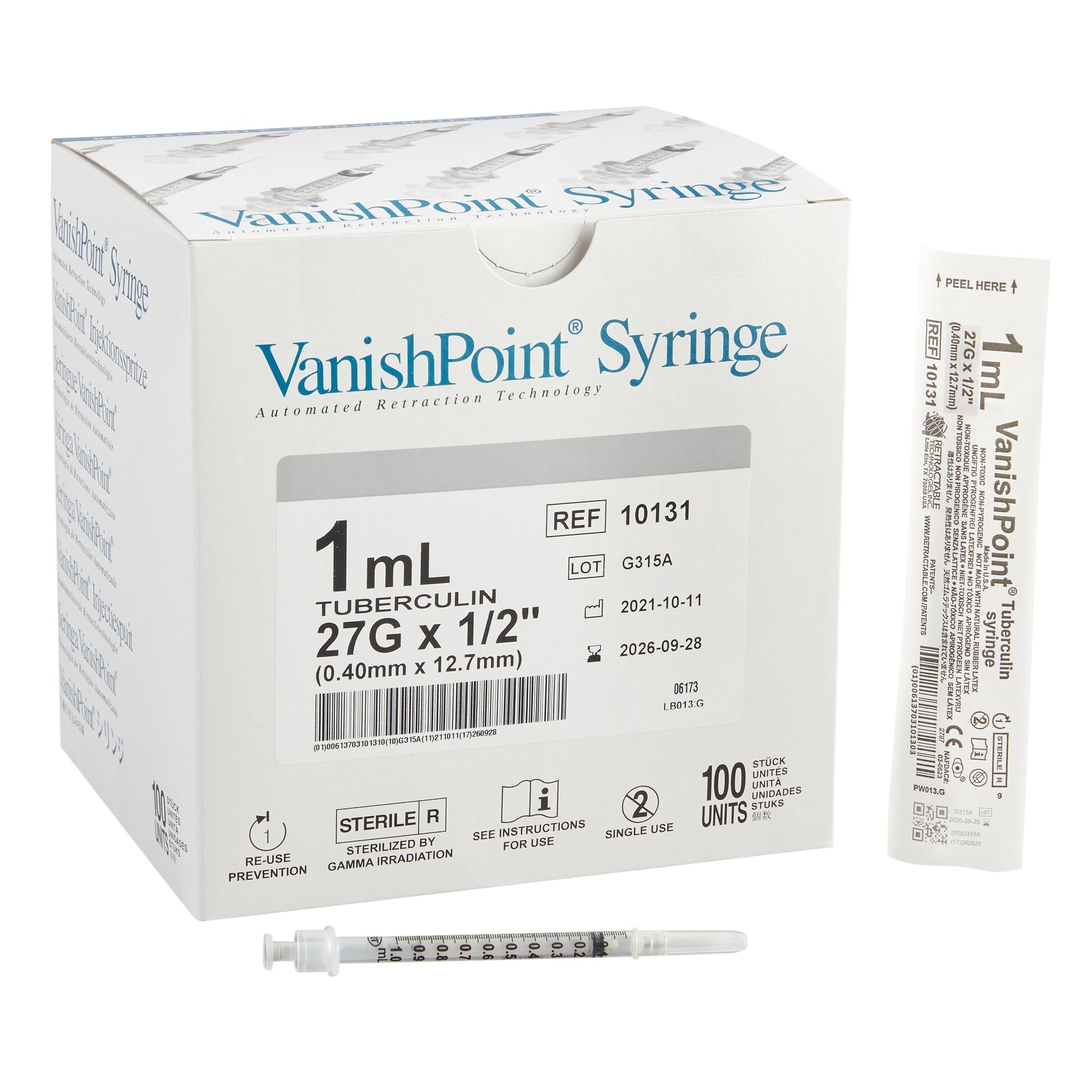 VanishPoint 1 mL Tuberculin Syringe with Needle, 27 Gauge, 1.5" Needle Length