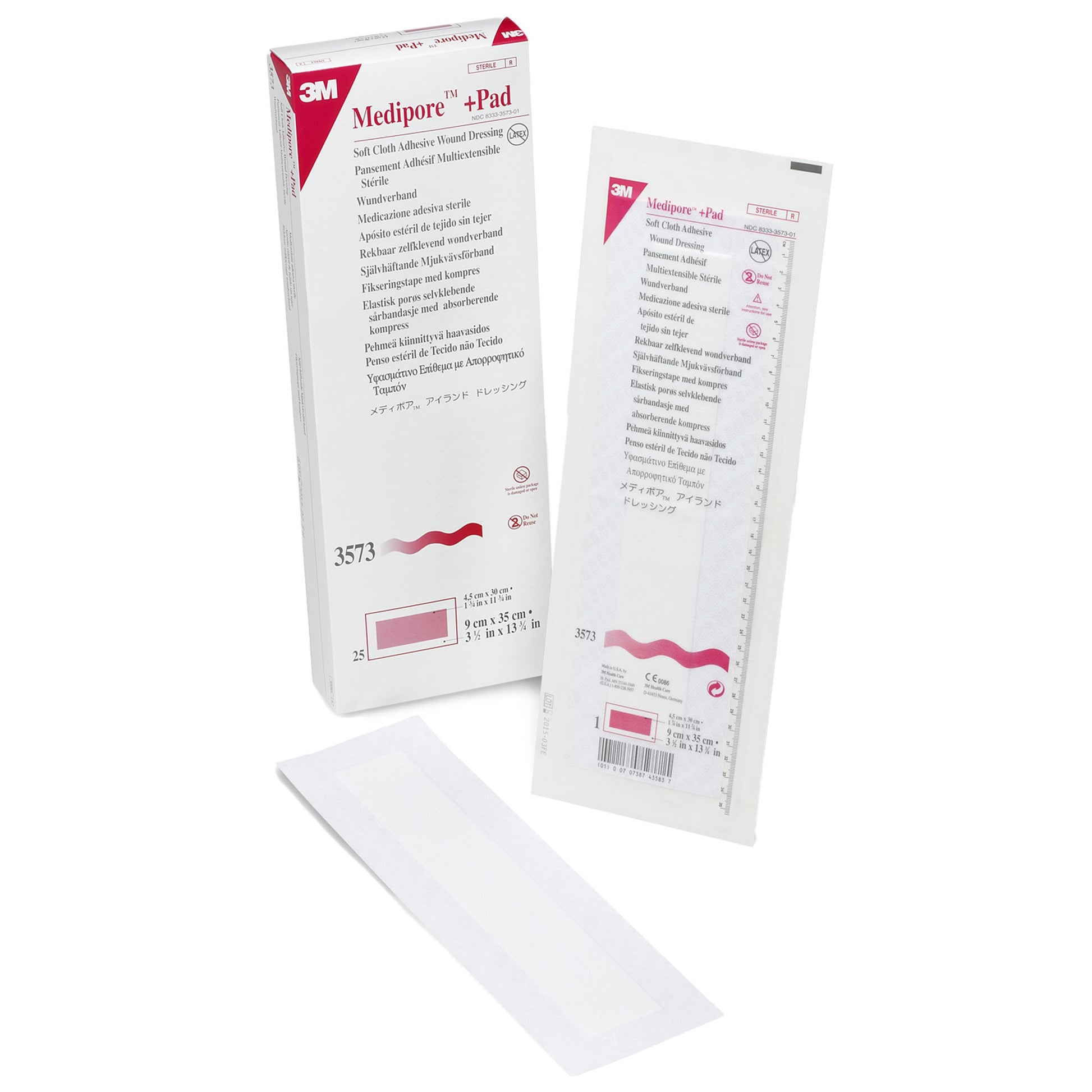 3M™ Medipore™ + Pad Soft Cloth Adhesive Dressing, 3.5 x 13.75 Inch