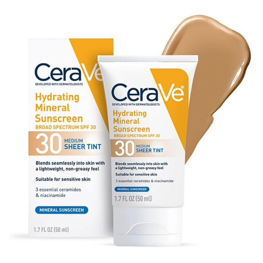CeraVe Hydrating Mineral Sunscreen Medium Sheer Tint, SPF 30, 1.7-ounce Tube